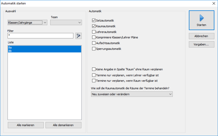 Im Dialogfenster `Automatik starten` stehen Ihnen unterschiedliche Optionen für den Automatikdurchlauf zur Verfügung