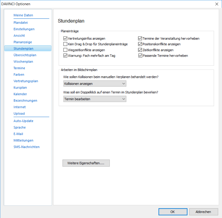 Stundenplan Anzeigeoptionen im Optionen-Fenster