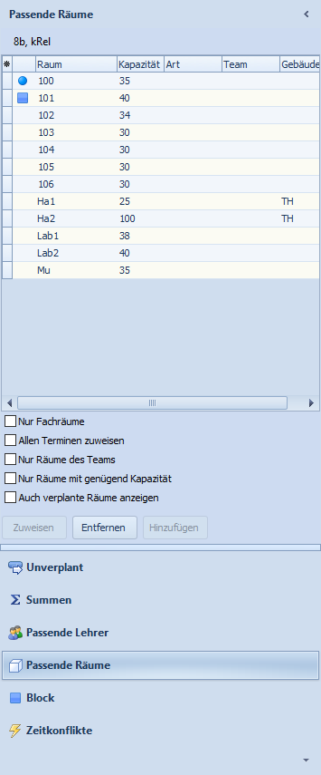 Mit dem Zusatzfenster ``Passende Räume`` können Sie den Veranstaltungen geeignete Räume zuweisen