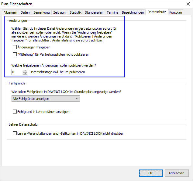 Dialogfenster `` Plan > Eigenschaften > Datenschutz``