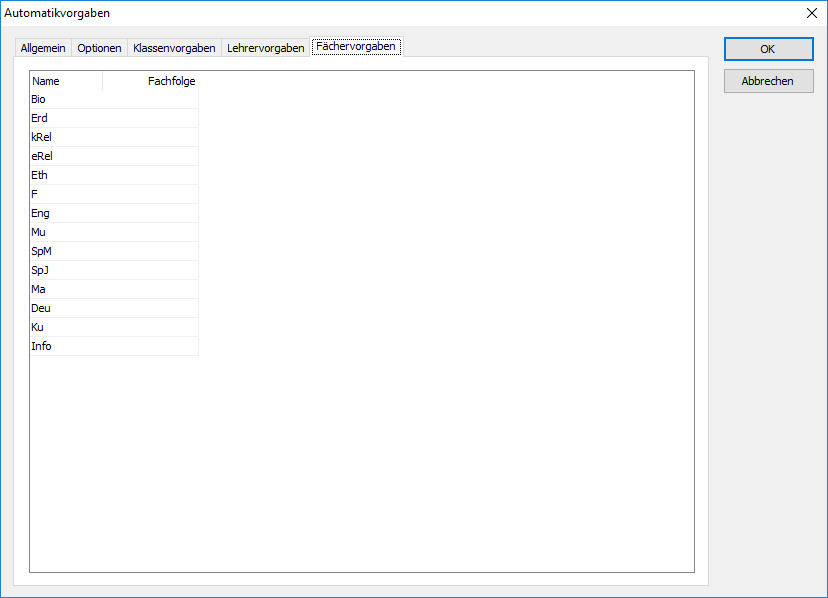Fächervorgaben