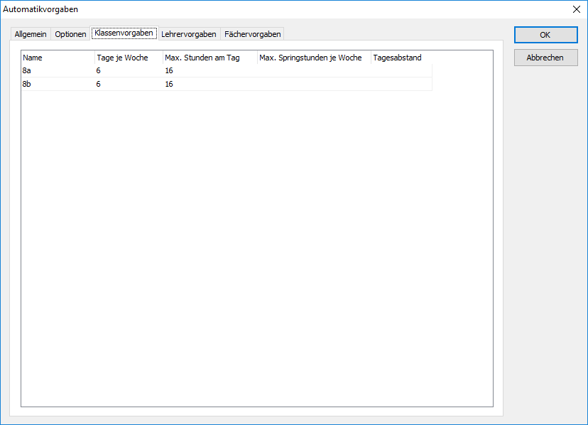 Auf der Registerkarte ``Klassenvorgaben`` des Dialogfensters ``Automatikvorgaben`` legen Sie klassenbezogene Einstellungen für den Automatikdurchlauf fest.