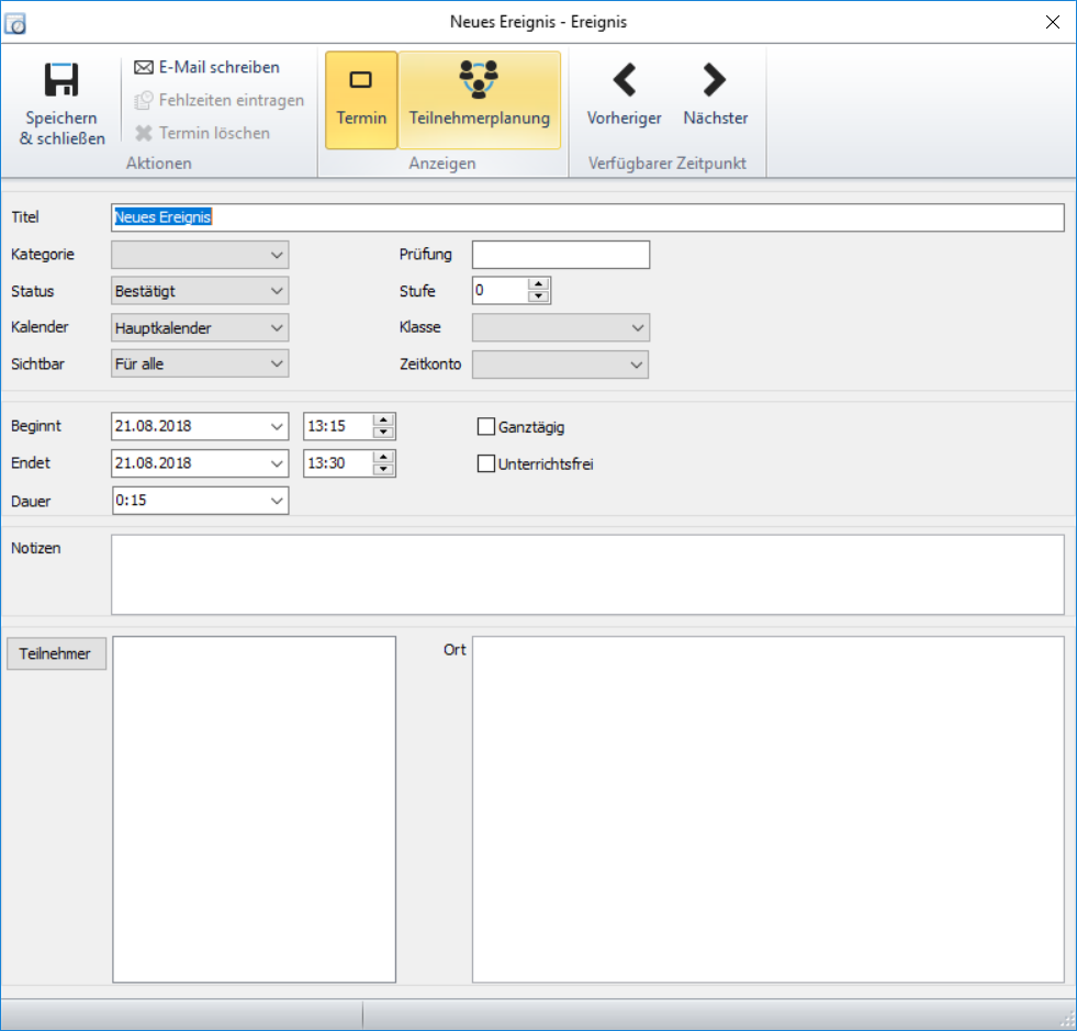 Auf der Seite „Termin“ des Dialogfensters „Ereignis“ können Sie die Termindaten eines neuen Ereignisses erfassen.