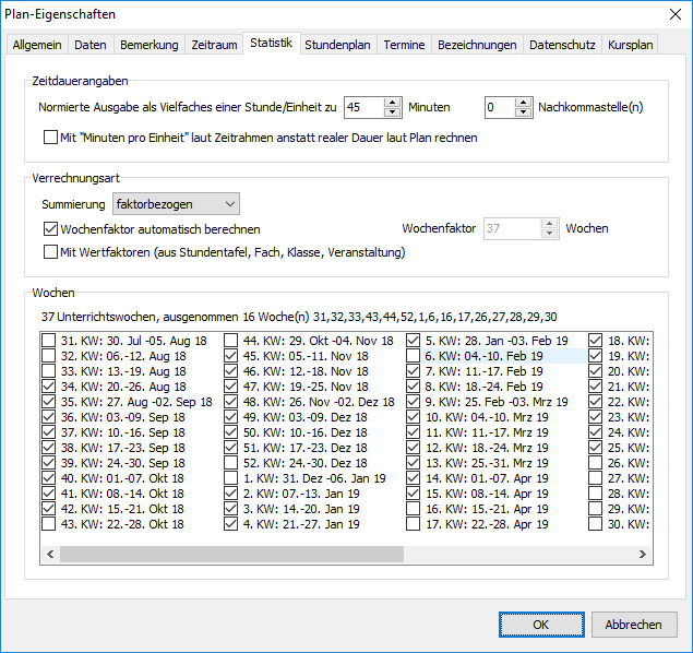 Plan Eigenschaften, Register Statistik