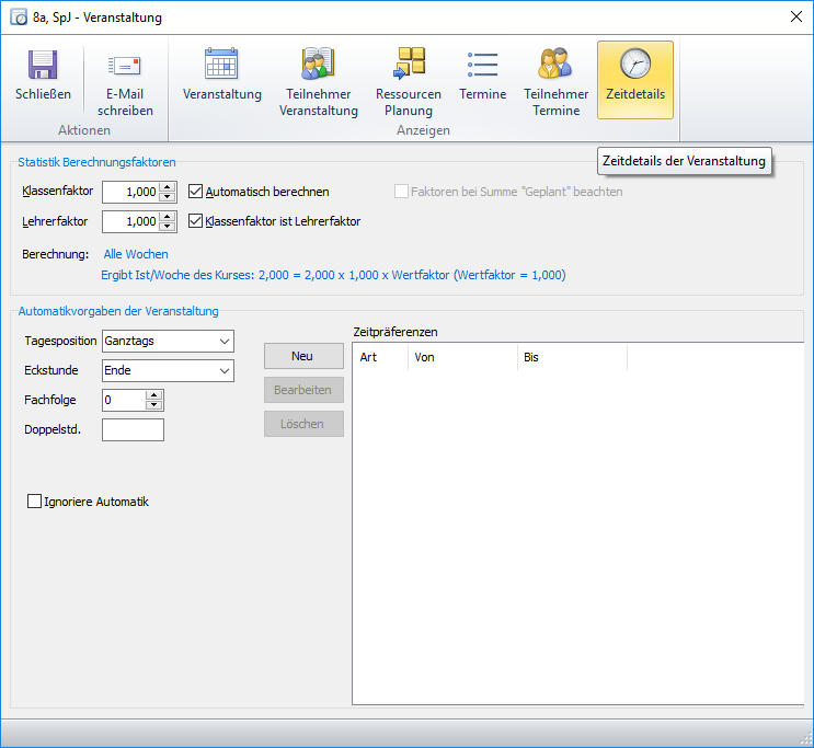 In der Ansicht `Zeitdetails` des Dialogfensters `Veranstaltung` können Sie veranstaltungsbezogene Vorgaben für den Automatikdurchlauf einstellen.
