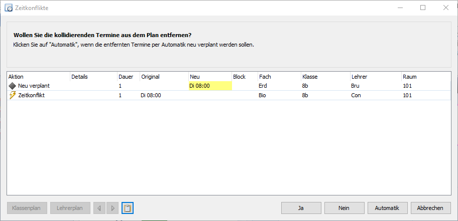 Das Dialogfenster „Terminkollisionen“ bietet Ihnen verschieden Optionen zur manuellen Bearbeitung auftretender Konflikte.