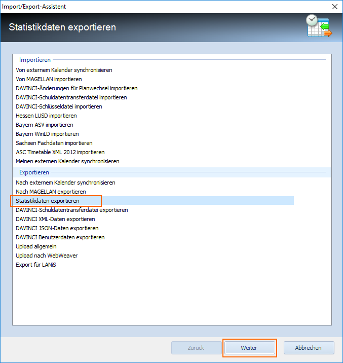 Import/Export-Assistent, Statistikdaten exportieren > Statistik Hessen (LUSD) exportieren