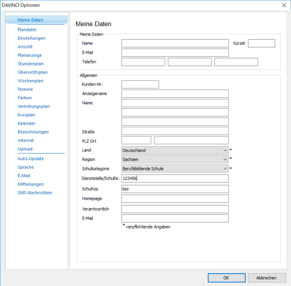 Dialog unter Plan > DaVinci-Optionen > Meine Daten