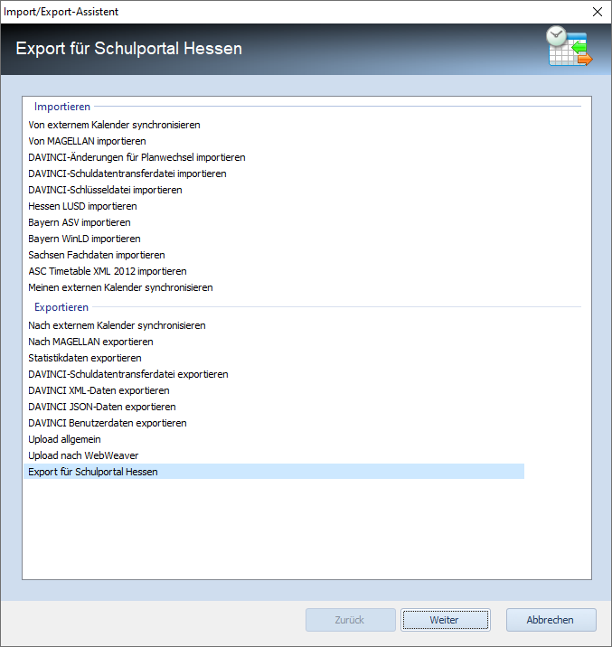 Import/Export-Assistent, Schulportal Hessen