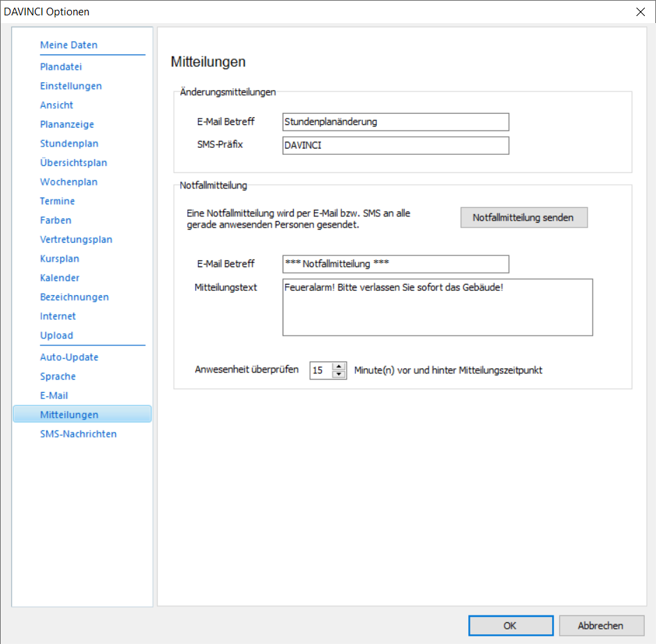 Einstellungen für Änderungs- und Notfallmitteilungen